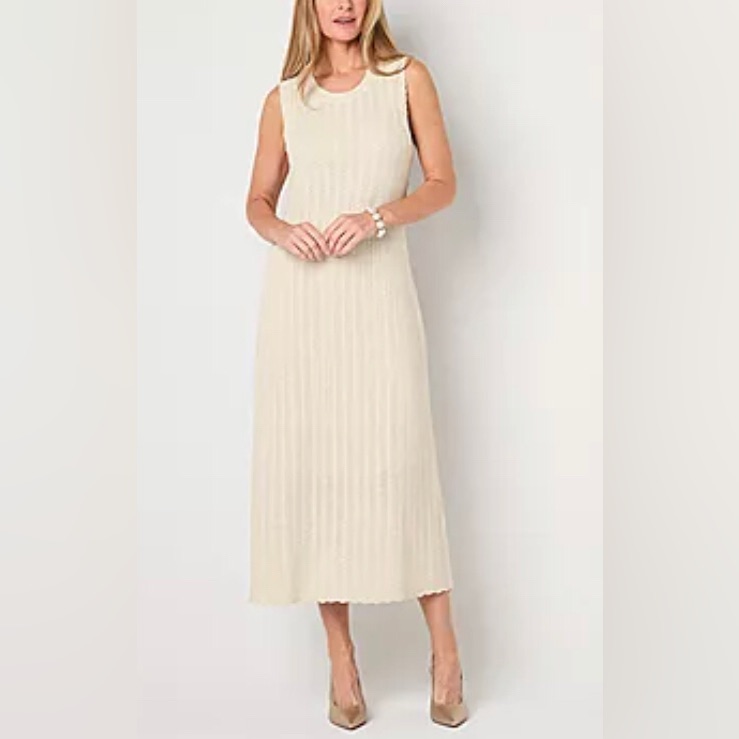 Liz Claiborne Womens L Maxi Dress Cream Metallic Knit Crochet Scallop Sleeveless